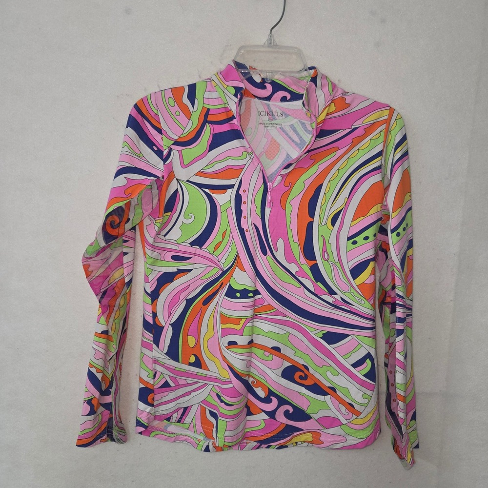 Icikuls Sun Shirt Women XS Multi Color Psychedelic Swirl Mesh Vent Quarter Zip